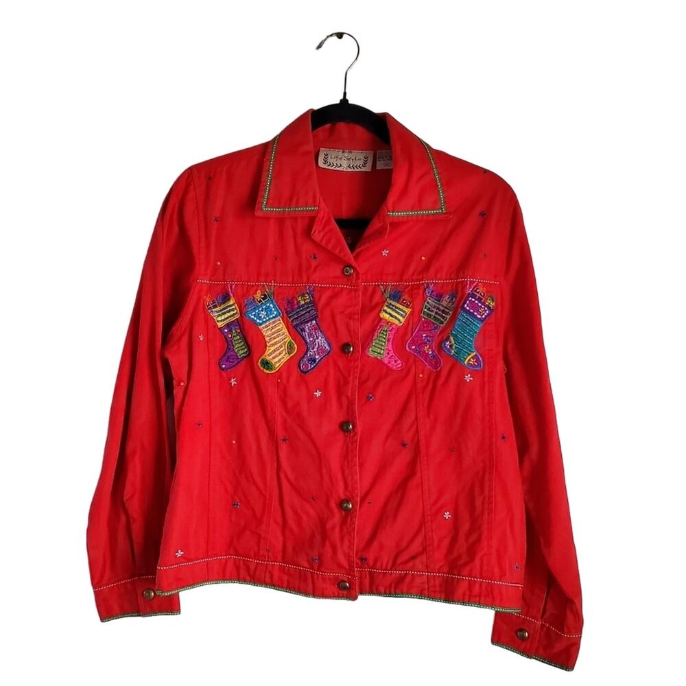 Vintage Christmas Jacket Stocking Embroidered Womens Medium Red Art Wear Funky